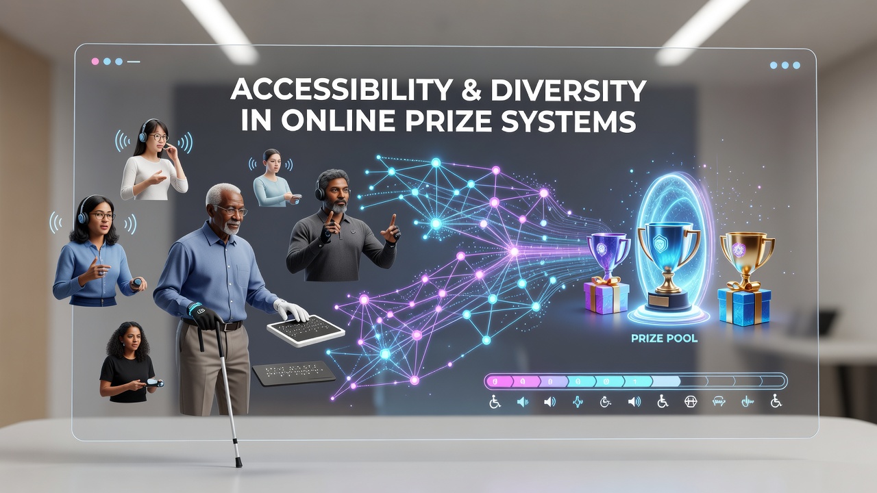 Diverse group of participants using accessible devices to enter online prize contests, including screen reader users and those with mobility aids