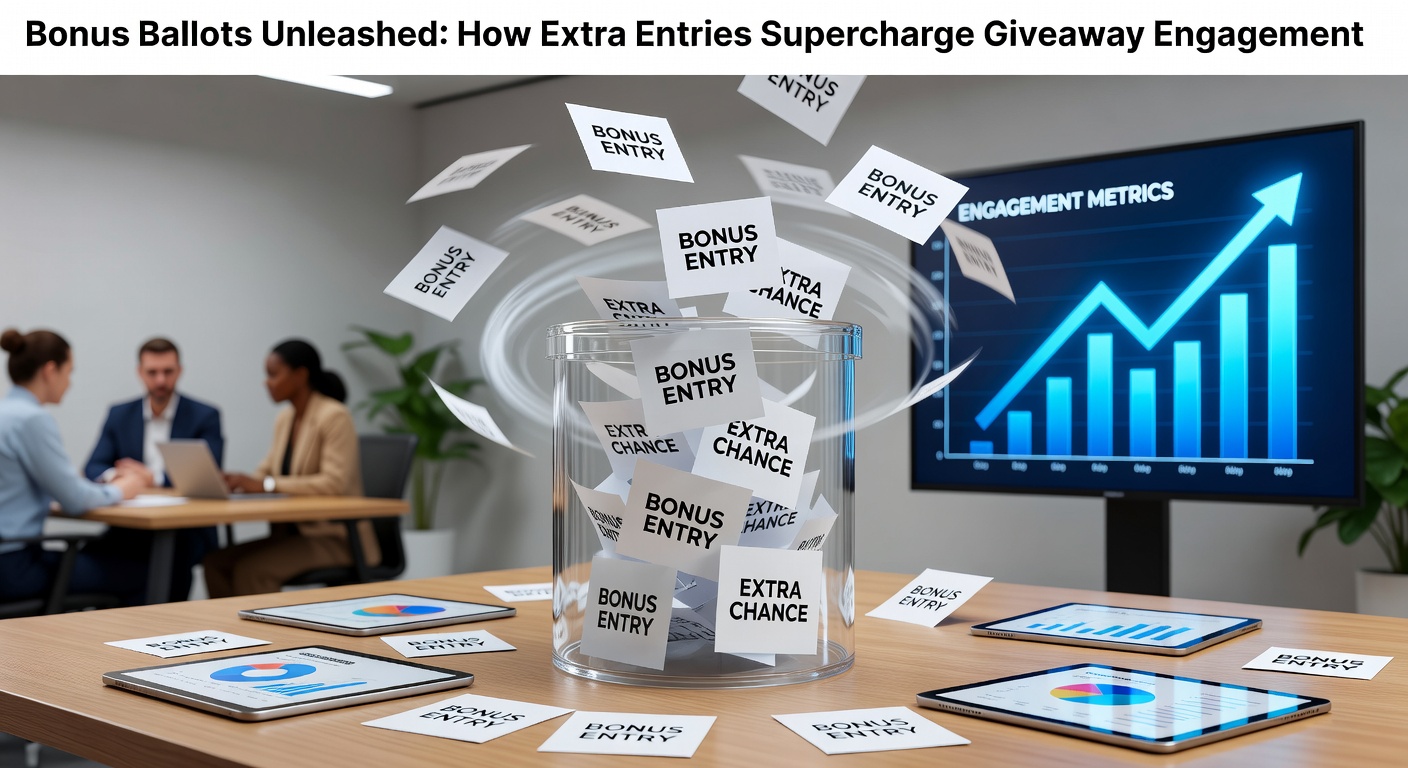 Vibrant illustration showing cascading bonus entry tickets flooding a sweepstakes ballot box, symbolizing explosive participation growth