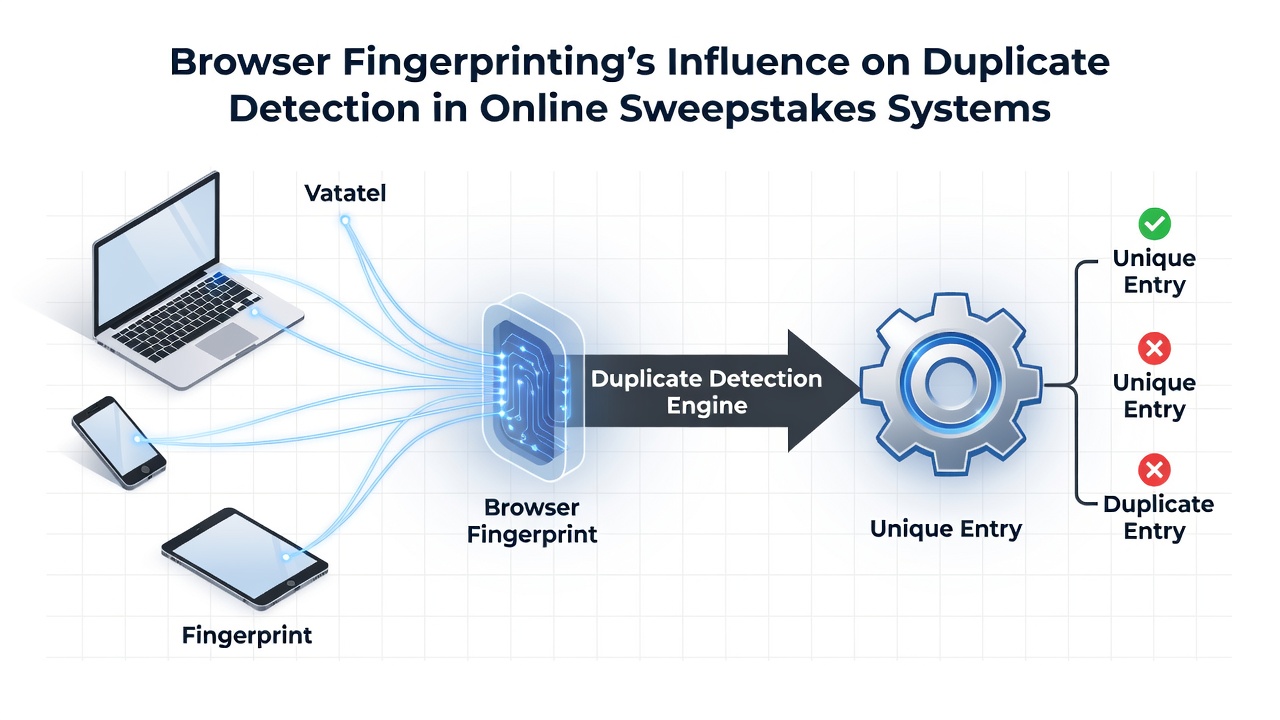 Diagram showing how browser attributes feed into duplicate detection algorithms used by sweepstakes platforms