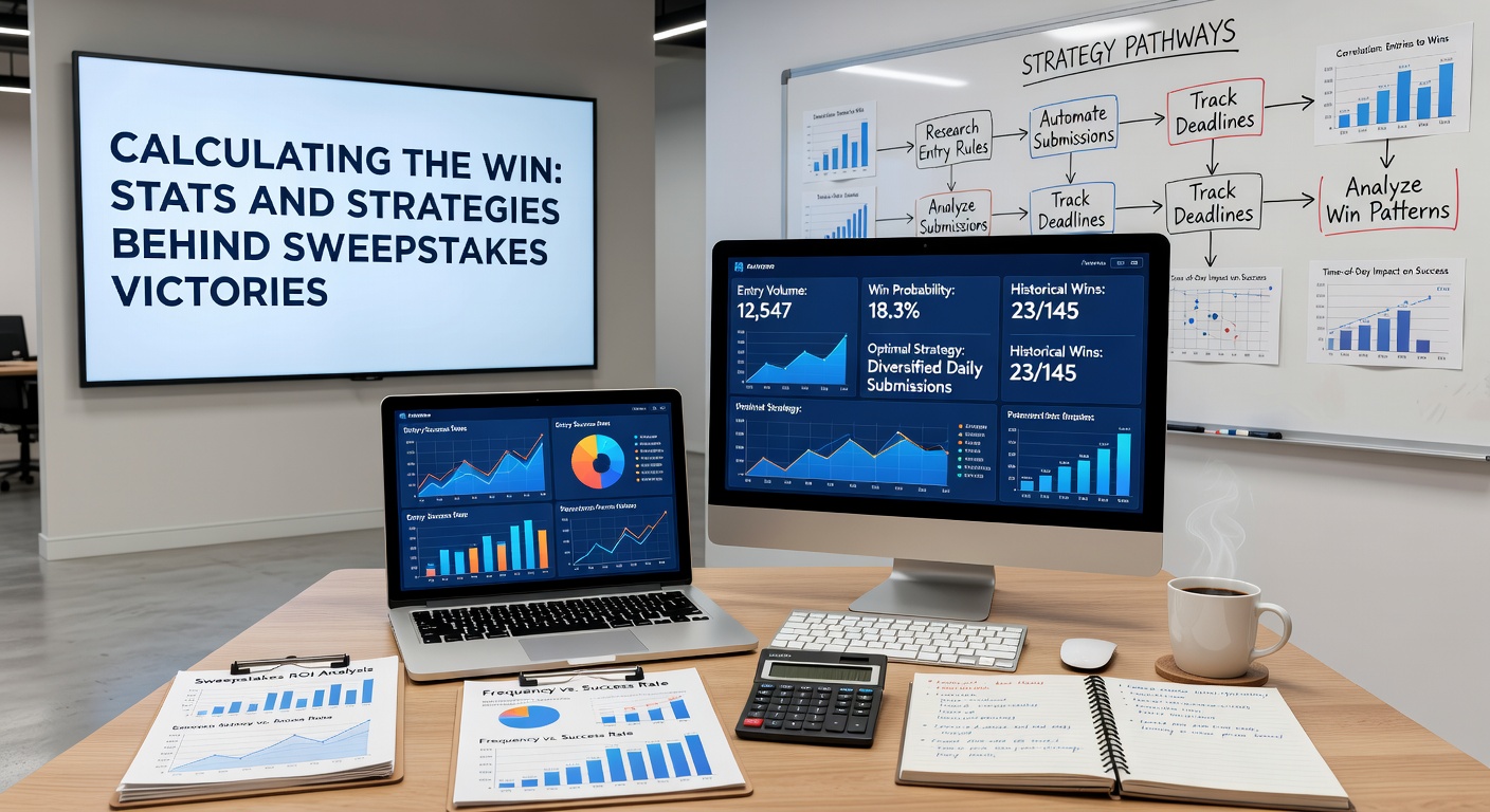 Close-up of a calculator displaying sweepstakes odds formulas, surrounded by entry forms and winner certificates