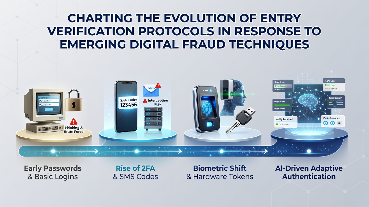 Historical timeline showing early entry verification methods transitioning to modern digital protocols against fraud