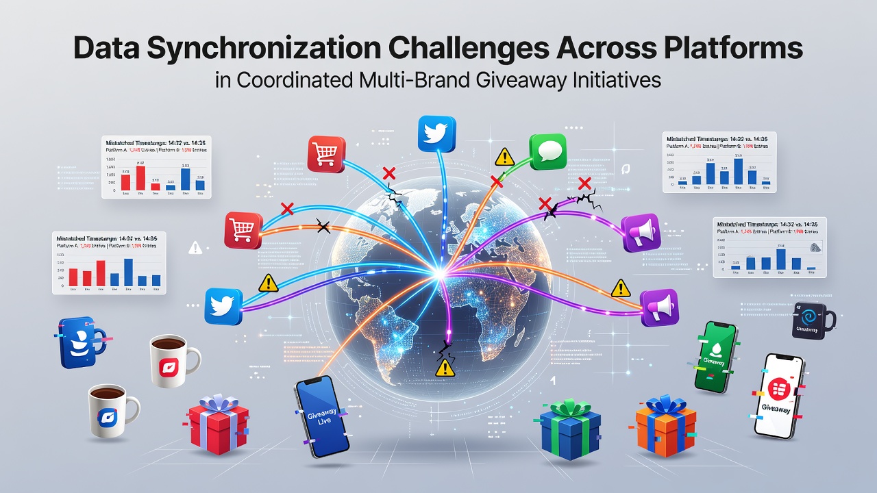 Illustration of interconnected data platforms handling multi-brand giveaway entries across mobile and desktop interfaces