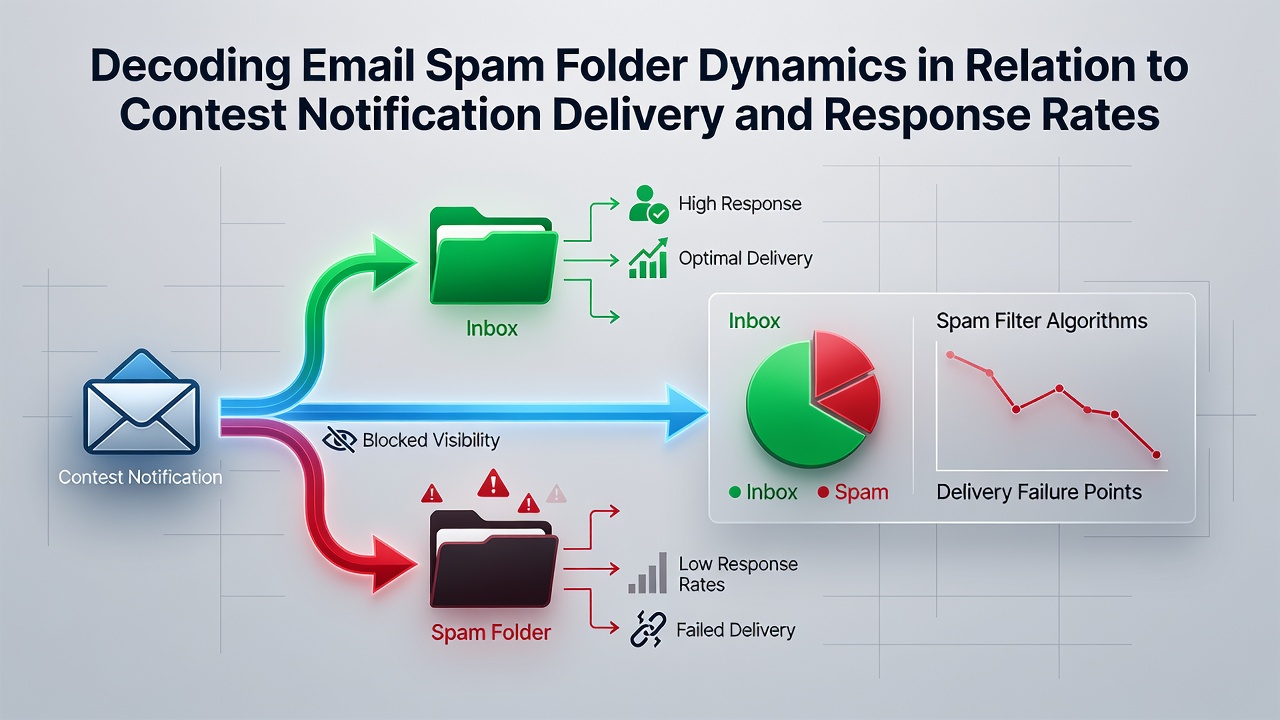 Email inbox interface showing contest notifications filtered into spam folder with delivery metrics overlay