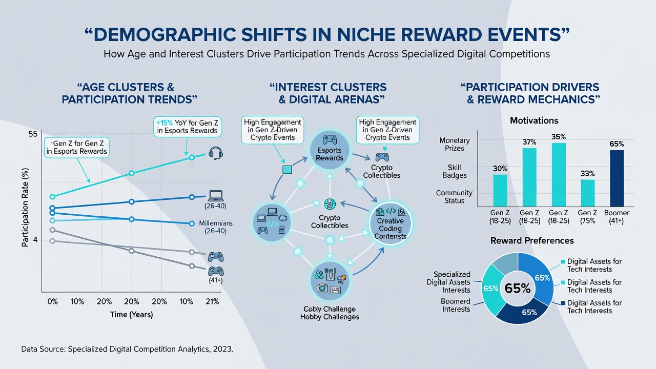 Infographic showing age distribution and interest clusters in digital reward events participation