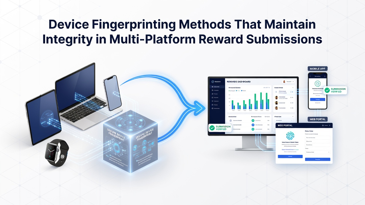 Diagram showing multi-platform device fingerprint matching process for reward entries