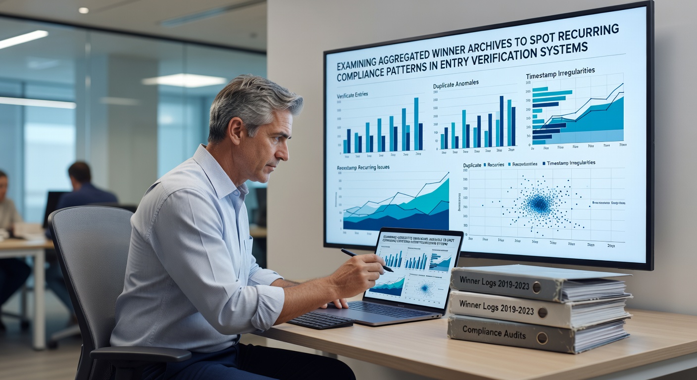 Aggregated winner archive dashboard showing entry verification logs and compliance pattern highlights