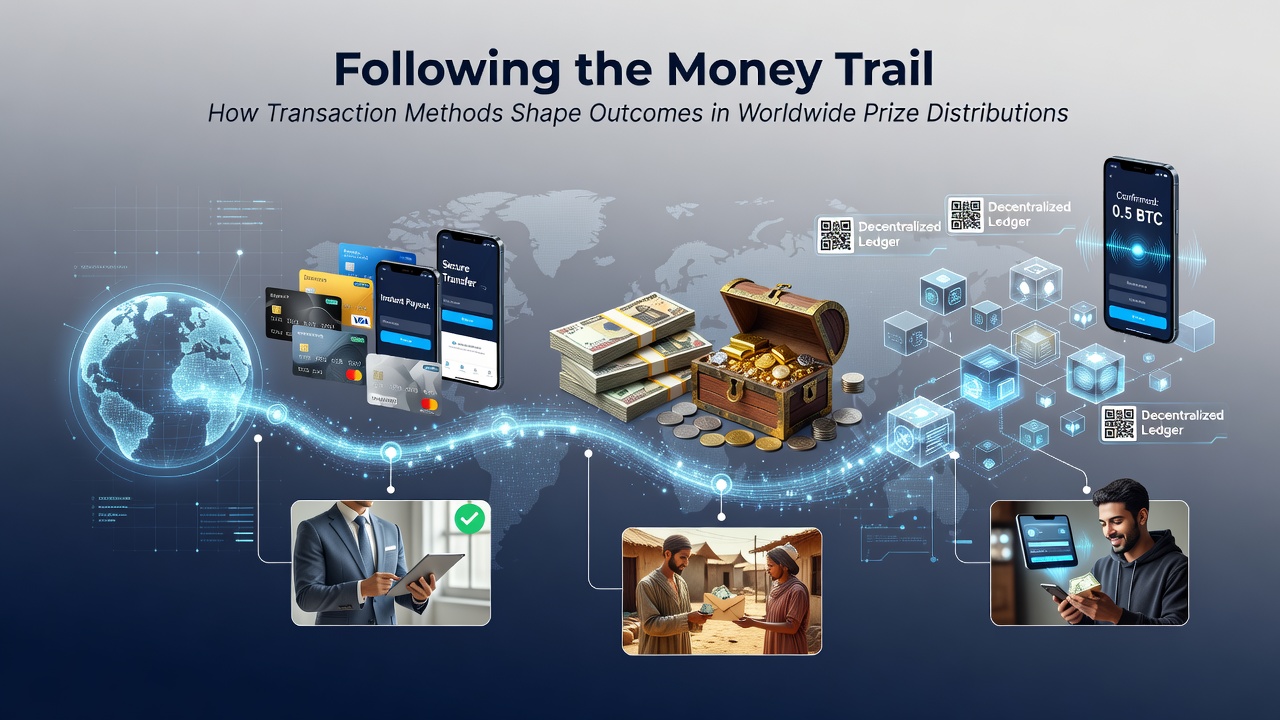 Global map highlighting transaction pathways for international prize distributions across continents