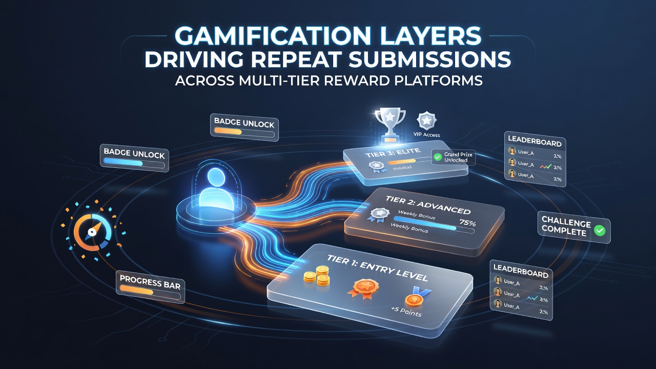 Screenshot of a multi-tier reward dashboard displaying user progress, badges, and leaderboard positions