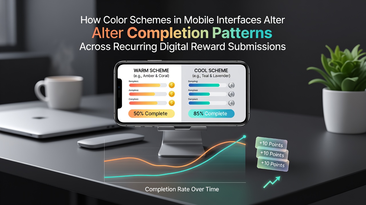Mobile interface displaying varied color schemes used in digital reward submission flows