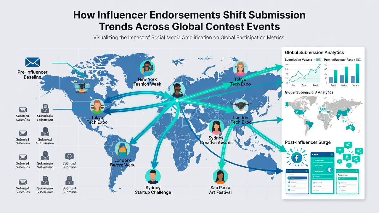Analytics dashboard displaying regional spikes in contest submissions following influencer posts across multiple time zones