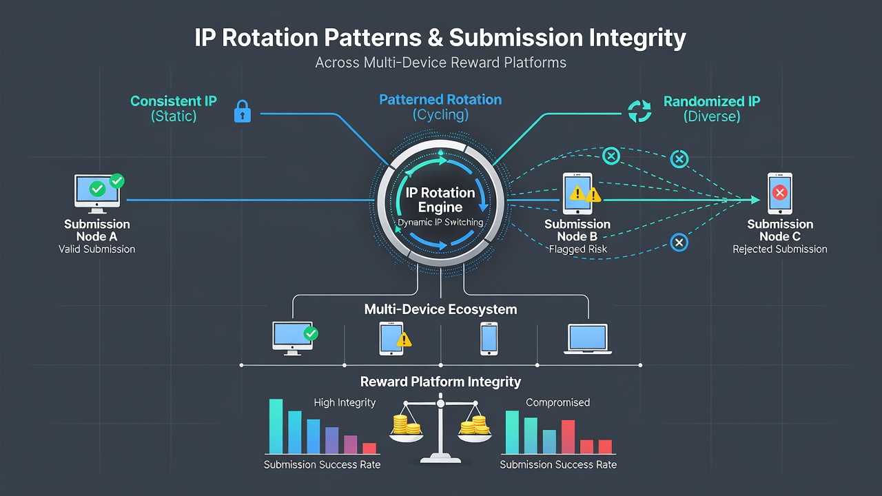 Analytics dashboard displaying IP rotation detection metrics on a reward platform interface