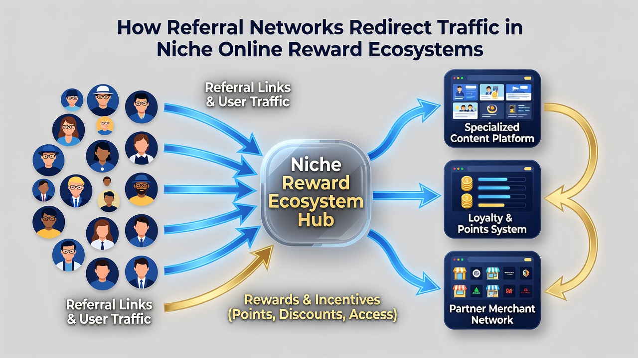 Screenshot of analytics dashboard displaying referral traffic sources and conversion paths in a reward ecosystem platform