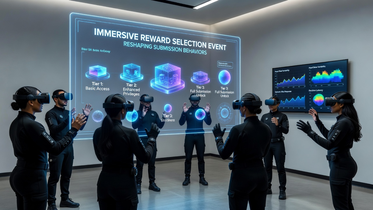 Virtual reality headset user interacting with reward selection interface in an immersive environment
