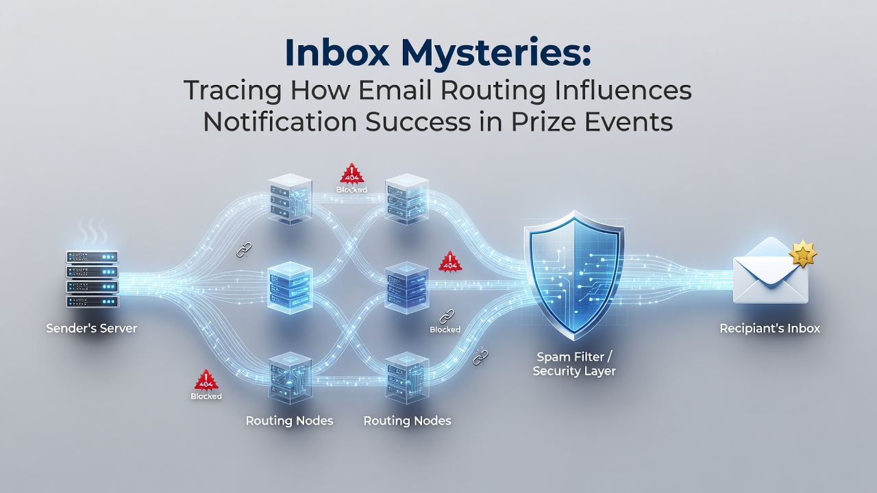 Diagram showing email routing paths from sweepstakes organizers through multiple servers to participant inboxes