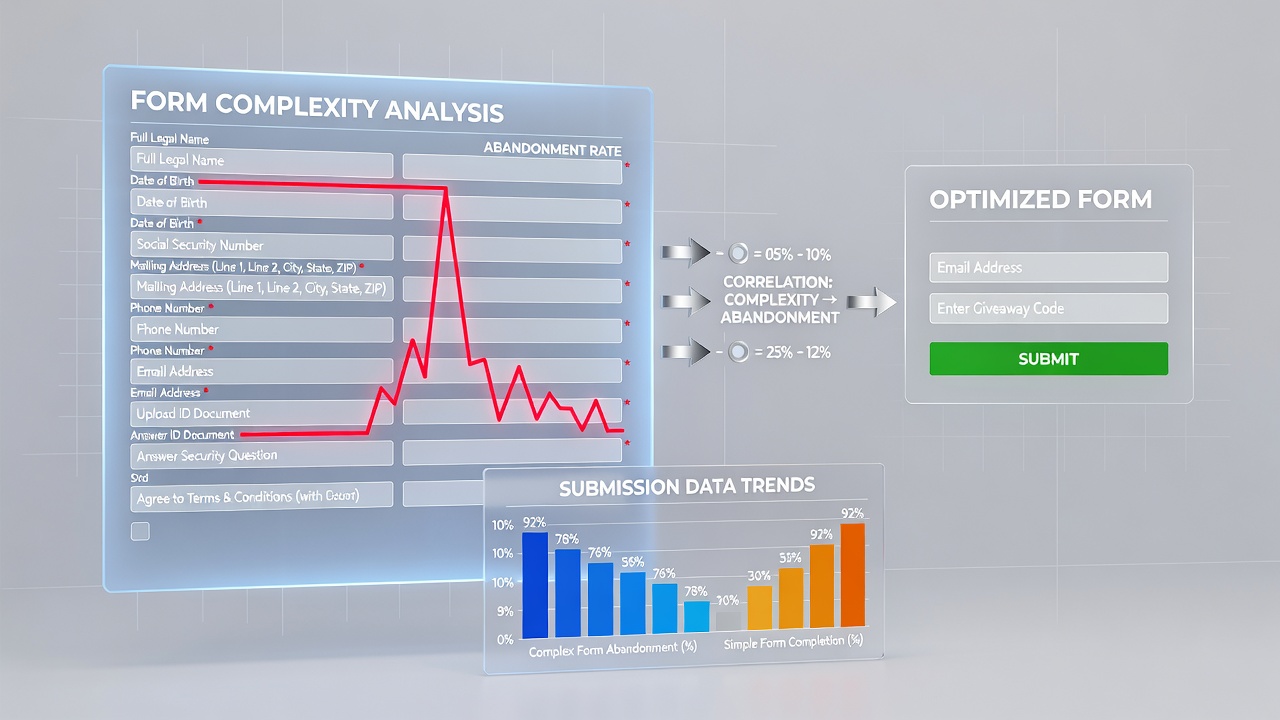 Dashboard showing virtual giveaway entry form analytics with field completion metrics and abandonment trends