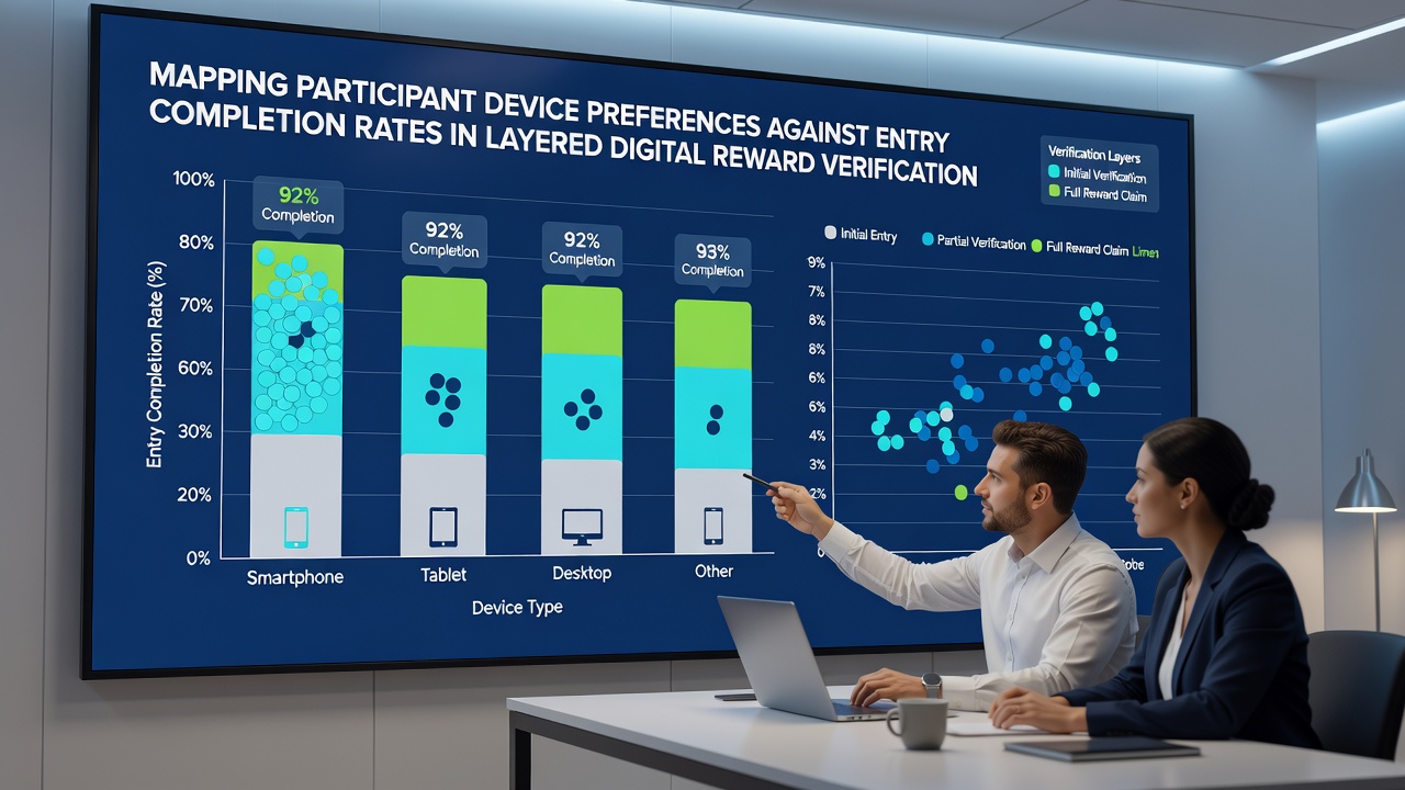 Infographic illustrating completion rate differences across mobile, tablet, and desktop devices in multi-layer verification processes