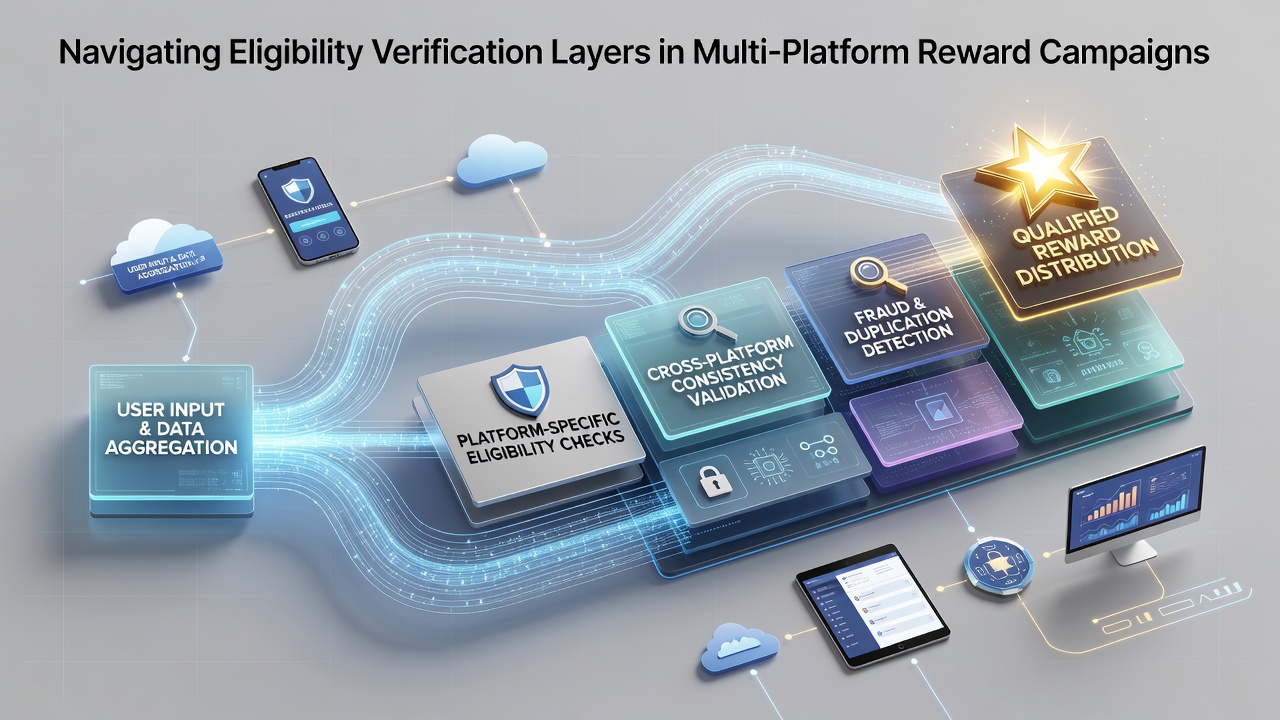 Illustration of eligibility verification layers across digital reward platforms showing interconnected check systems