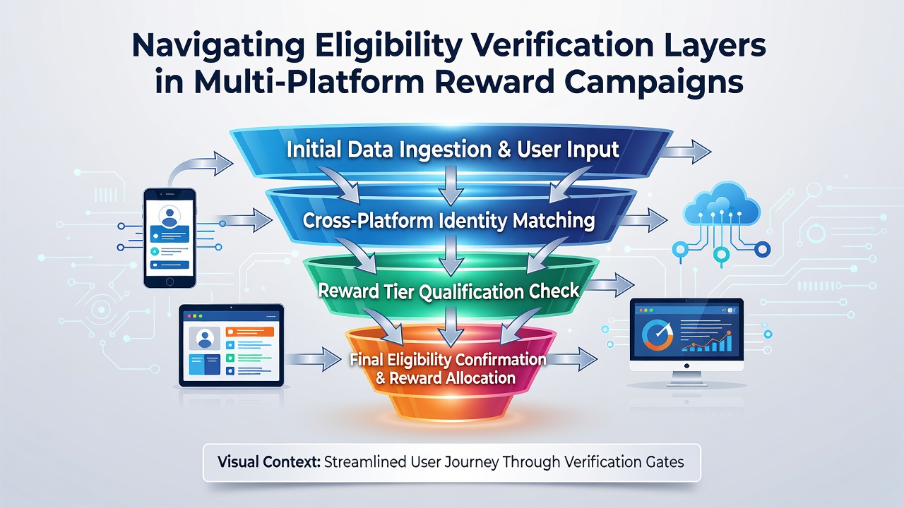 Diagram depicting multi-layered verification flow for reward campaign participants across web, mobile, and social platforms