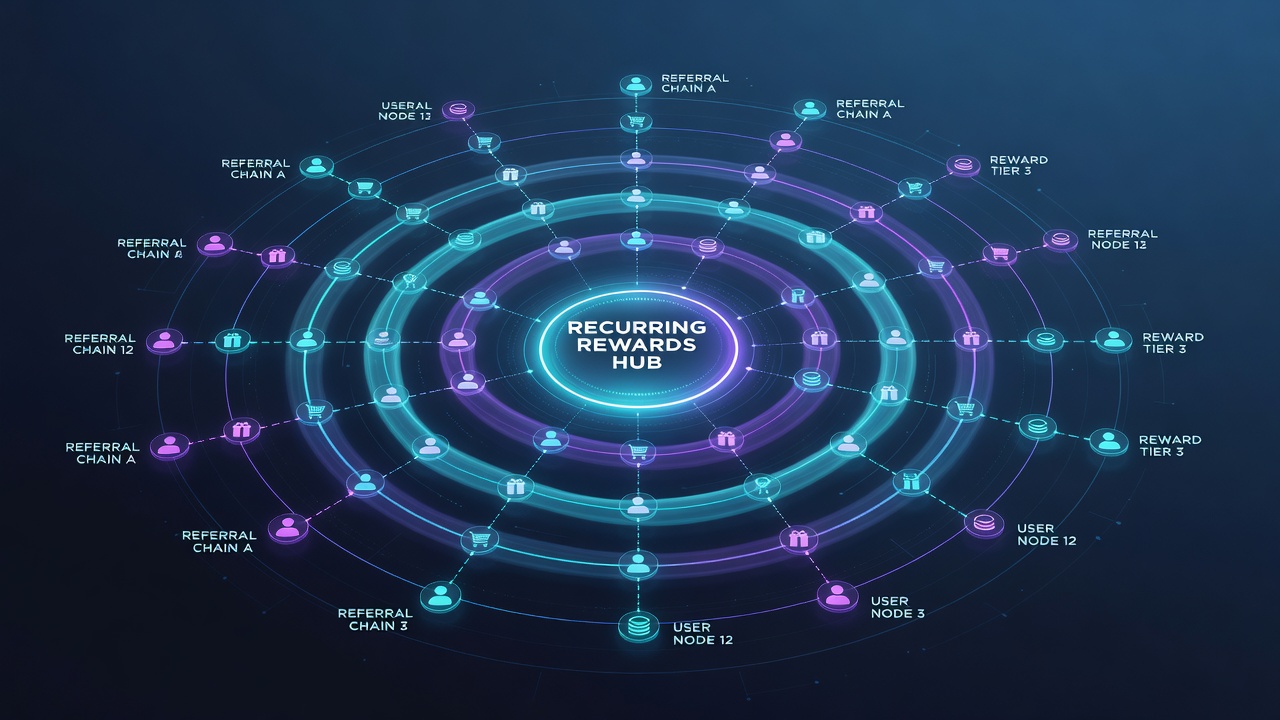 Network visualization showing ripple effects of referral chains across global user bases in digital rewards