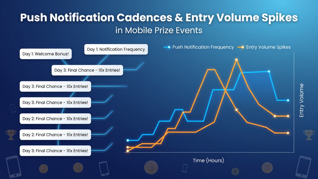 Mobile prize event dashboard displaying push notification timing metrics alongside real-time entry volume graphs