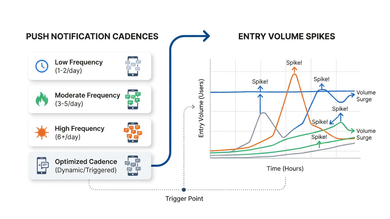 Analytics interface showing entry volume spikes aligned with push notification delivery times in a prize giveaway campaign